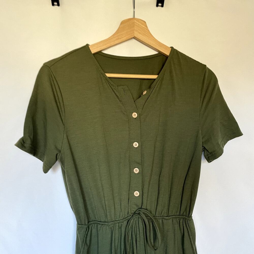 olive green button front drawstring waist jumpsuit pockets women's size small - Picture 2 of 8